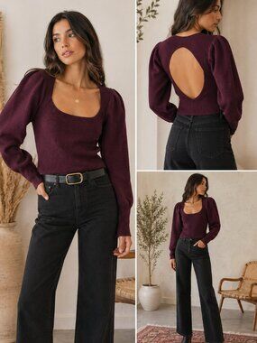 NWT - Free People Open Back Sweater Burgundy Puff Sleeve Knit Top S